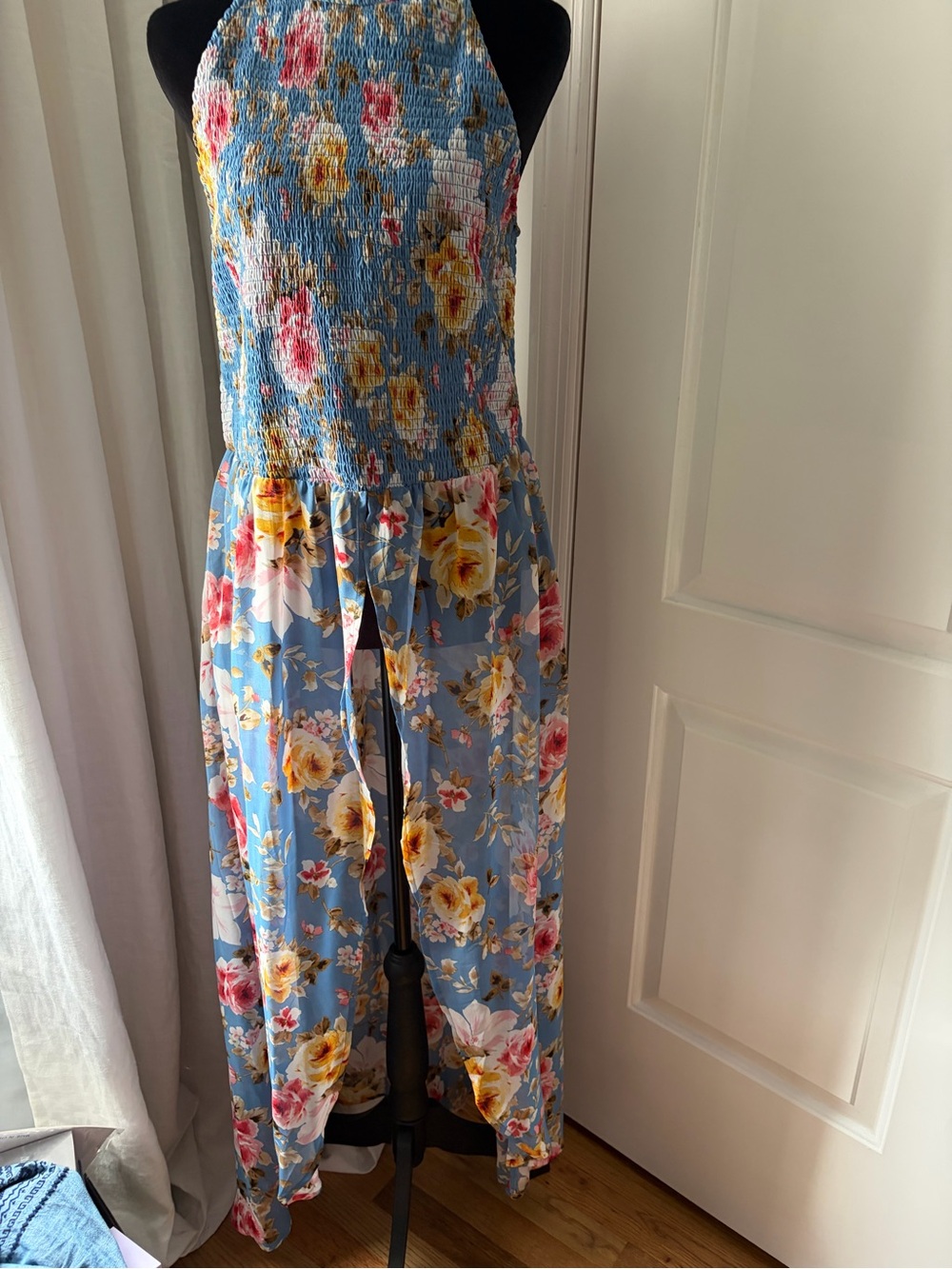 VENUS Blue Floral Smocked Halter Jumpsuit